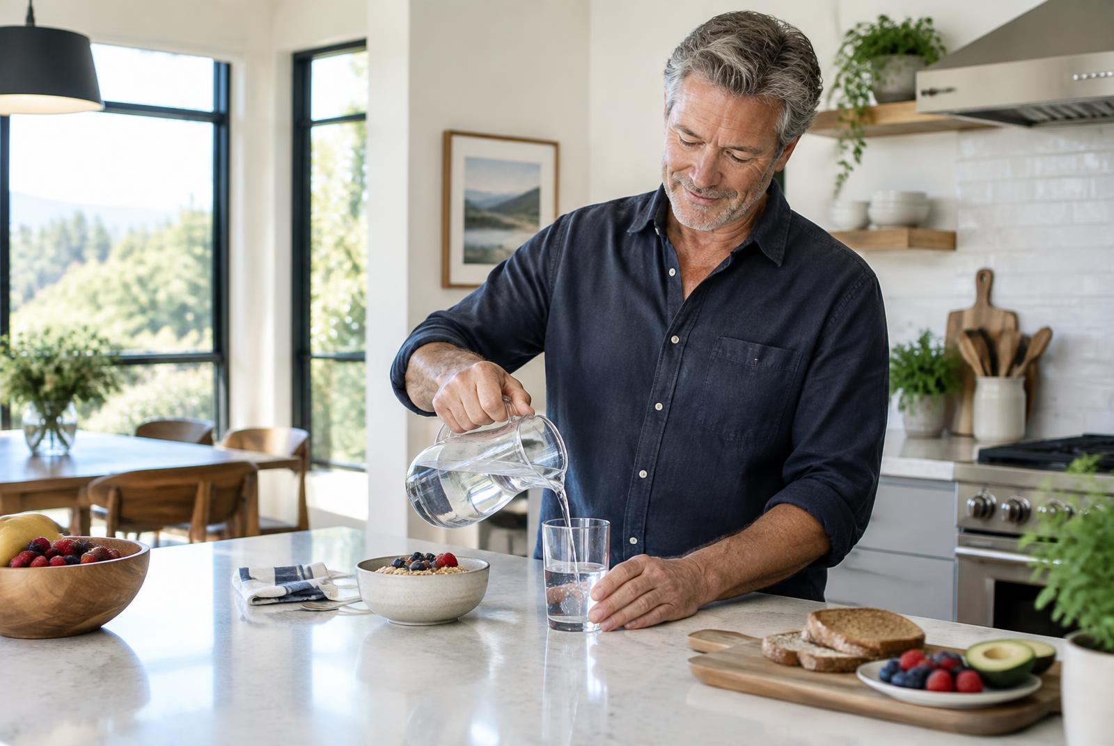 Mature man following a morning wellness routine