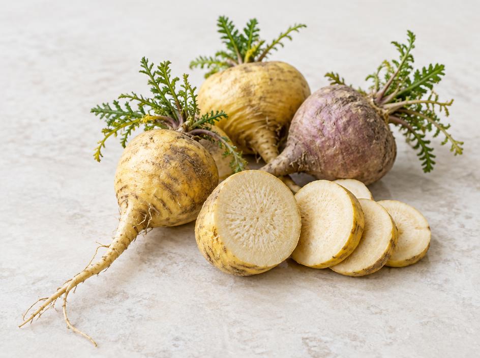 Whole and sliced maca roots